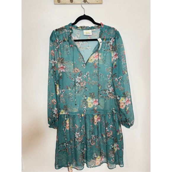 Anthropologie Maeve Emmy Teal Green Floral Printed Puff Sleeve Tunic Dress M - Picture 1 of 5